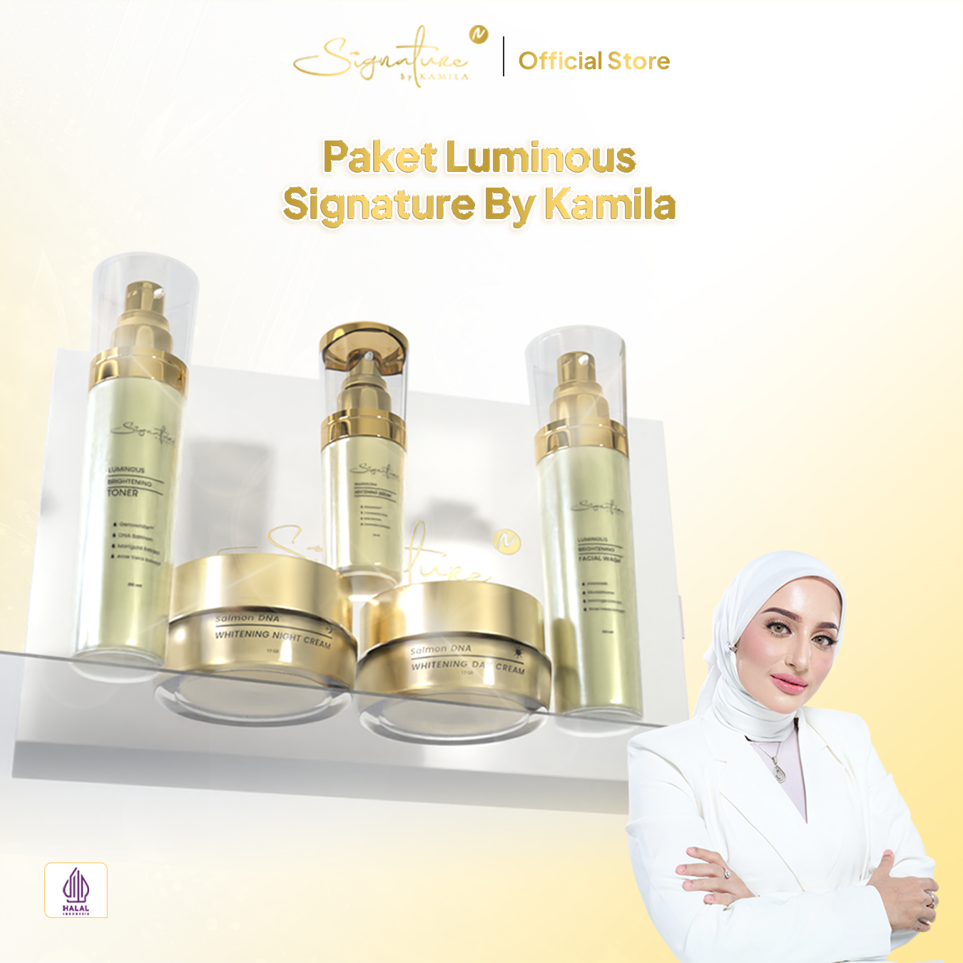 Signature by Kamila Paket Luminous Brightening 5 in 1 (Facial Wash, Toner, Day Cream, Night Cream, Serum Brightening) krim mencerahkan