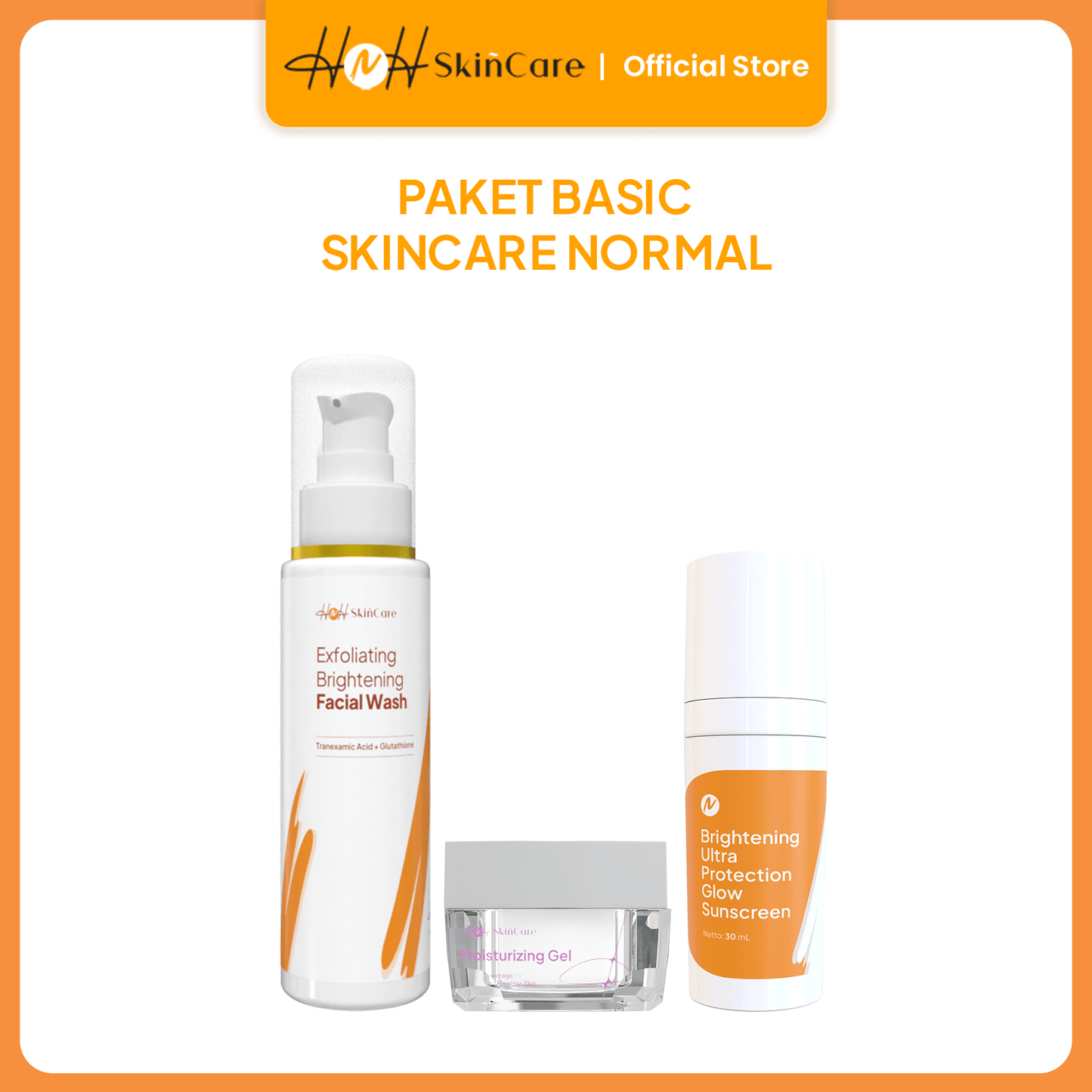 HNH Skincare - 3in1 Basic Brightening Skincare - Paket Skincare untuk Kulit Normal & Kusam (Facial Wash + Moisturizer + Sunscreen Glow) - hnhskincare