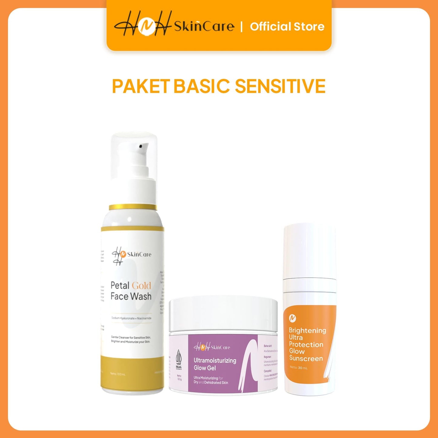HNH Skincare - 3in1 Basic Sensitive Skincare - Paket Skincare untuk Kulit Sensitif (Facial Wash + Moisturizer + Suncreen) - hnhskincare