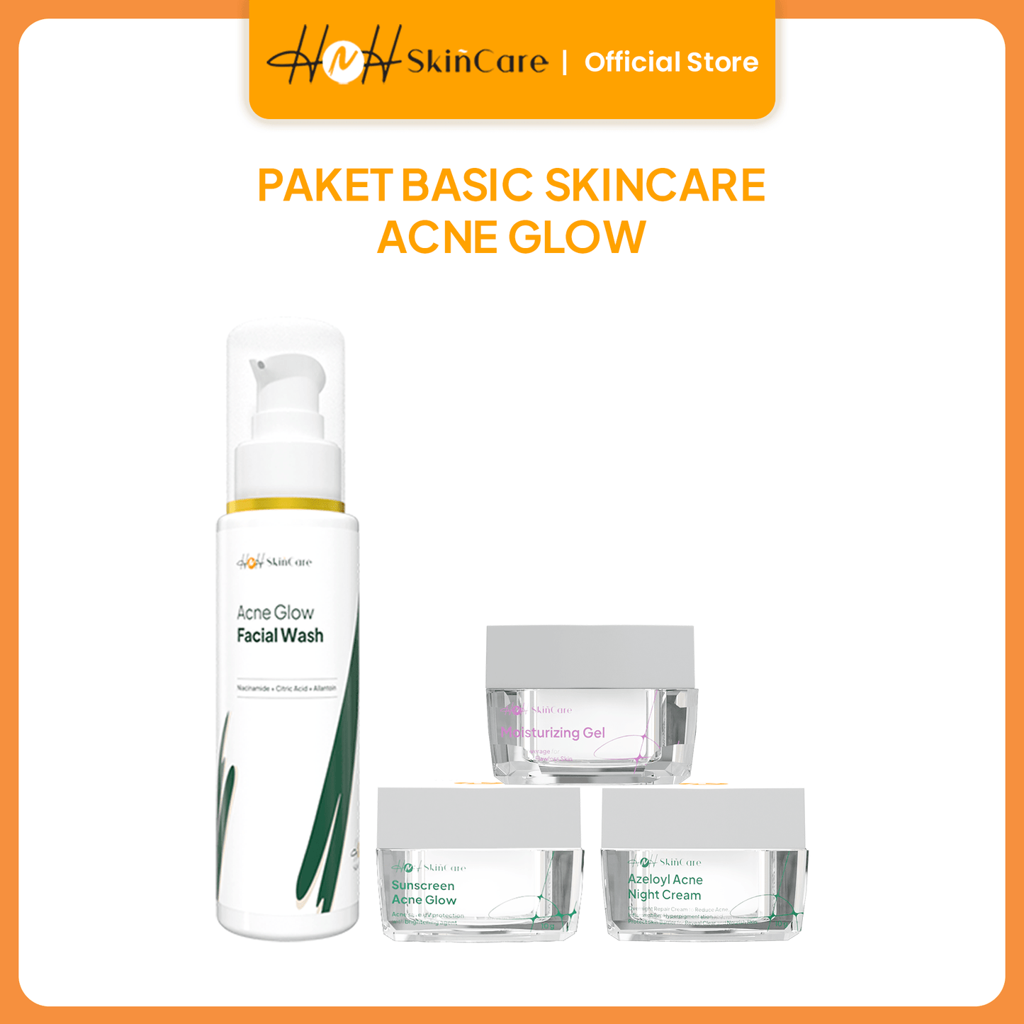 HNH Skincare - 4pcs Basic Acne Glow with Azeloyl - Paket Skincare untuk Kulit Berjerawat (Facial Wash + Moisturizer + Sunscreen + Night Cream) - hnhskincare