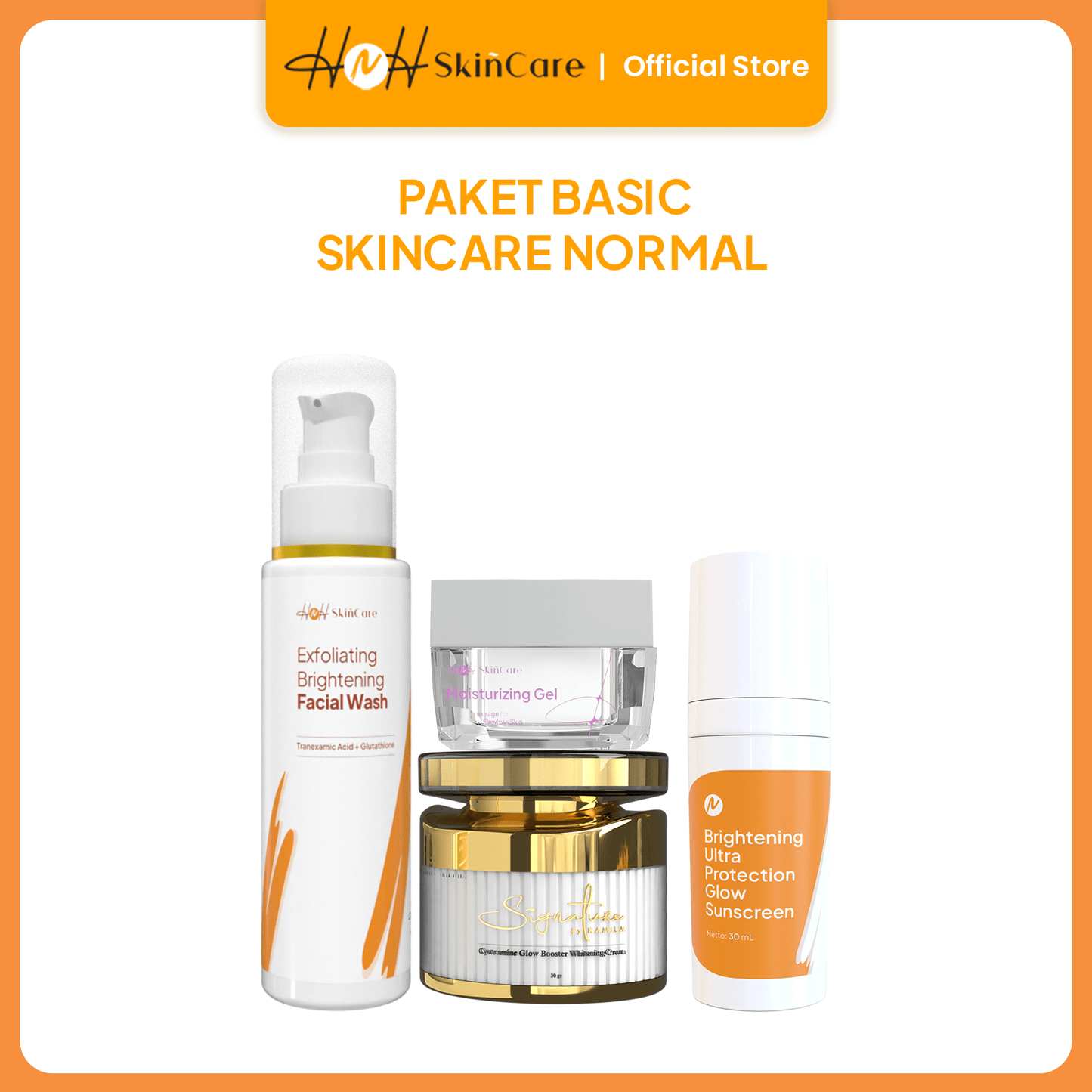 HNH Skincare - 4pcs Basic Brightening with Cysteamine - Paket Skincare untuk Kulit Normal & Kusam (Facial Wash + Moisturizer + Sunscreen Glow+ Night Cream) - hnhskincare