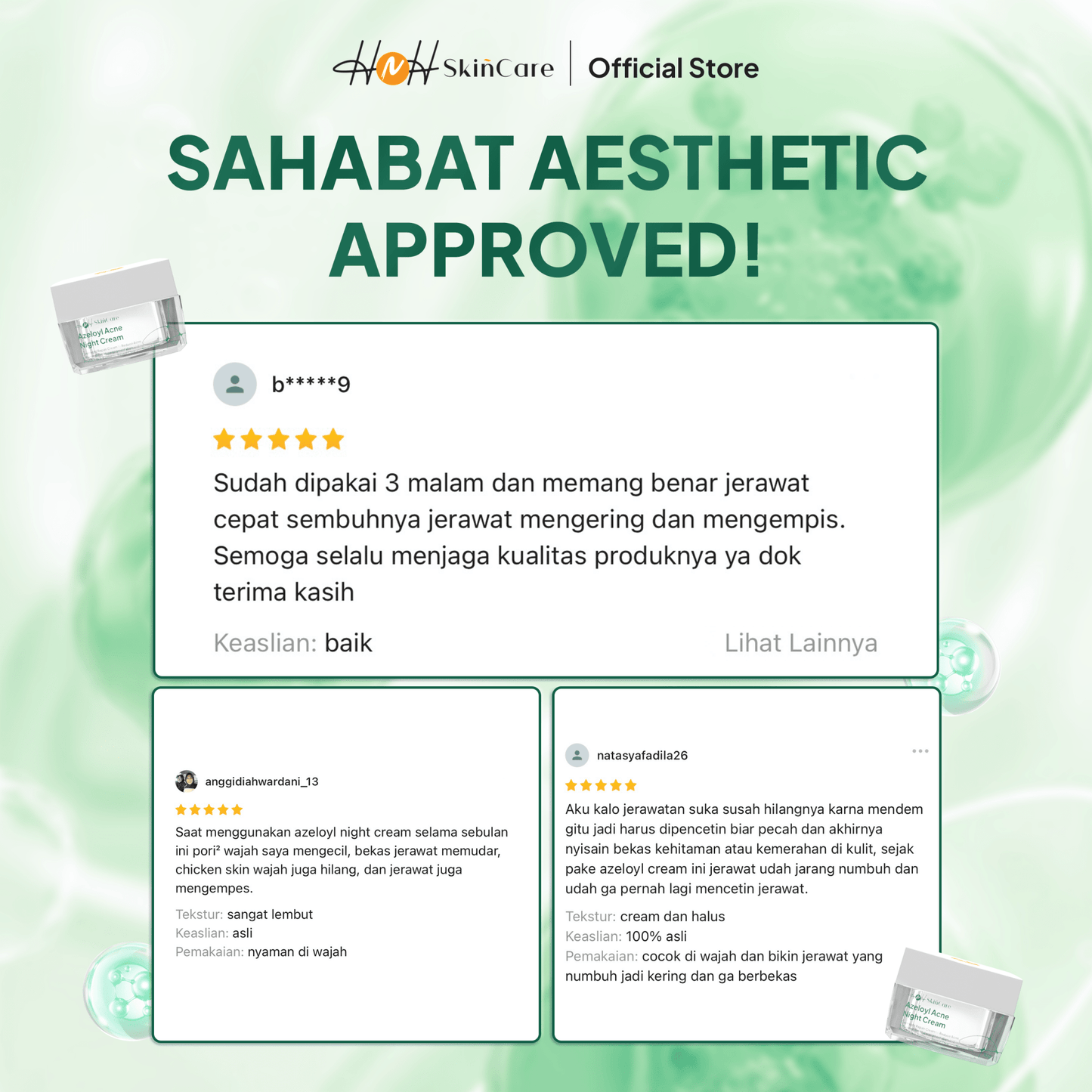 HNH Skincare - Azeloyl Night Cream - Krim Malam Jerawat dan Bekas Jerawat dengan Tekstur Ringan - hnhskincare