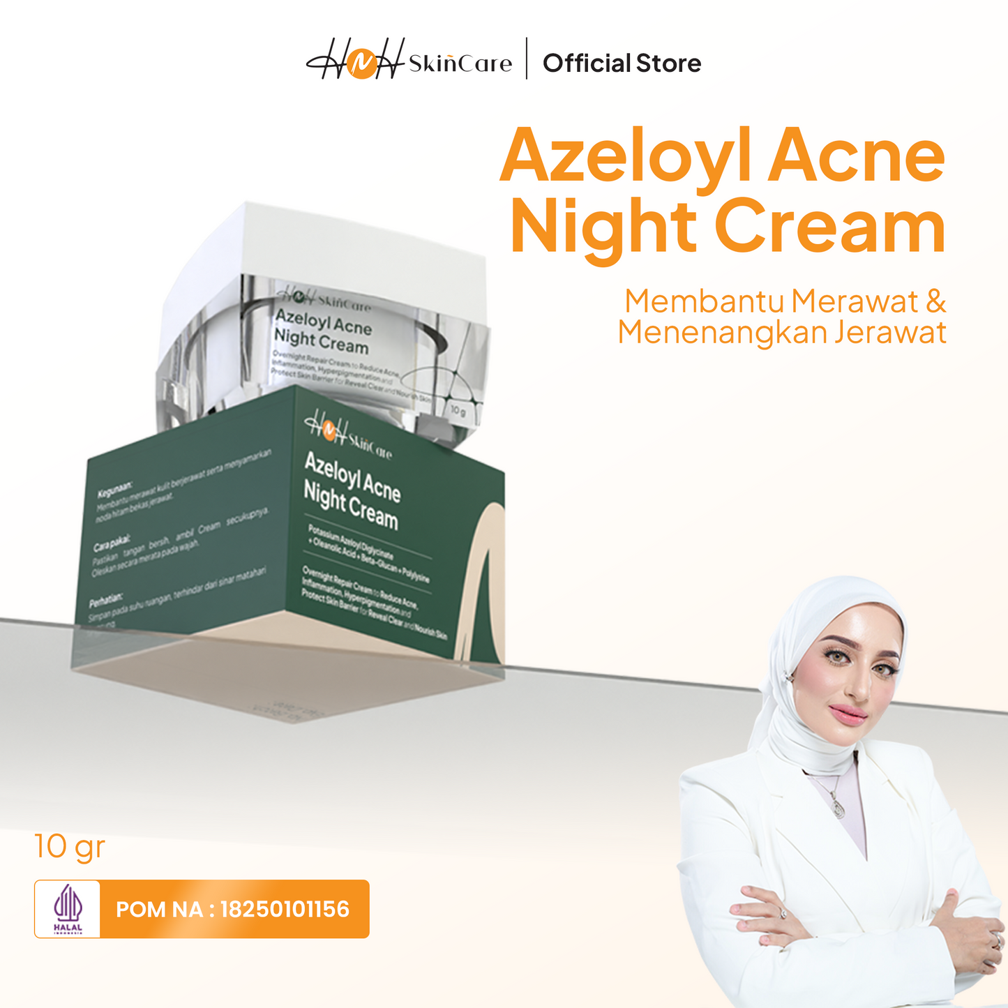HNH Skincare - Azeloyl Night Cream - Krim Malam Jerawat dan Bekas Jerawat dengan Tekstur Ringan