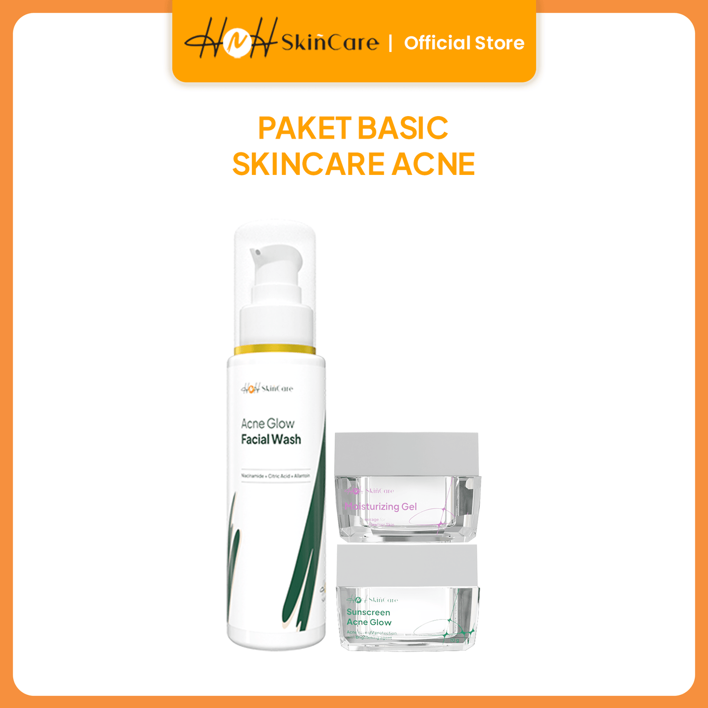 HNH Skincare - 3in1 Basic Skincare Acne Glow - Paket Skincare untuk Kulit Berjerawat (Facial Wash + Moisturizer +Sunscreen) - hnhskincare