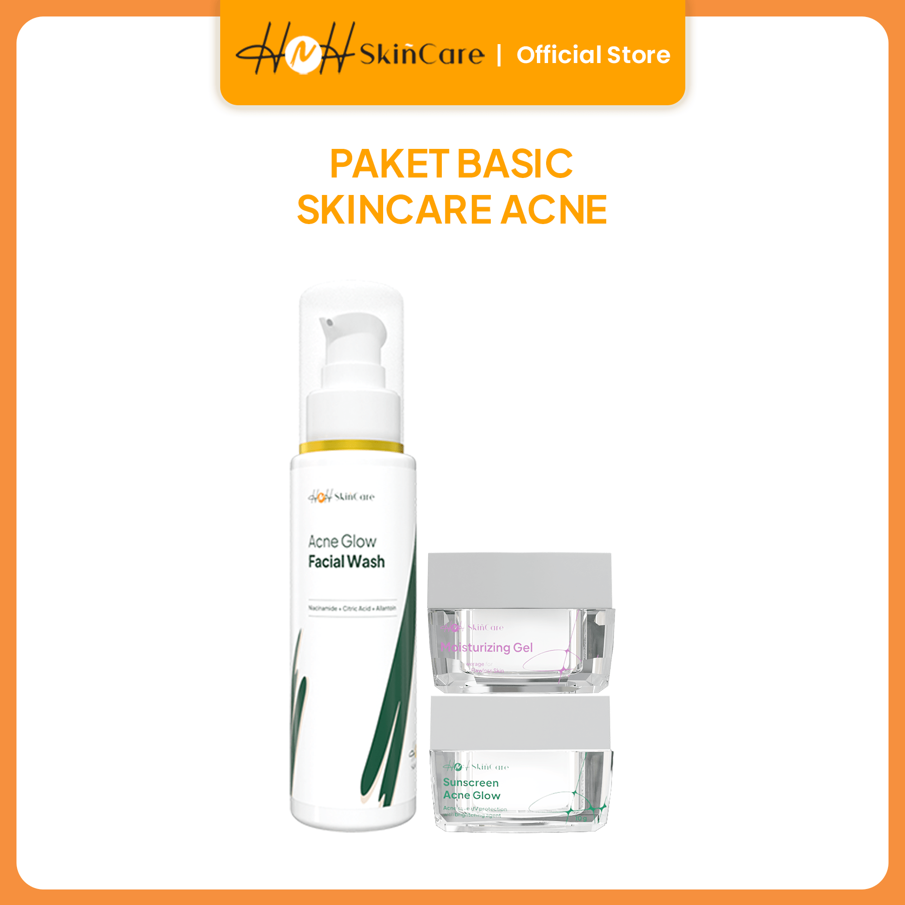 HNH Skincare - 3in1 Basic Skincare Acne Glow - Paket Skincare untuk Kulit Berjerawat (Facial Wash + Moisturizer +Sunscreen) - hnhskincare