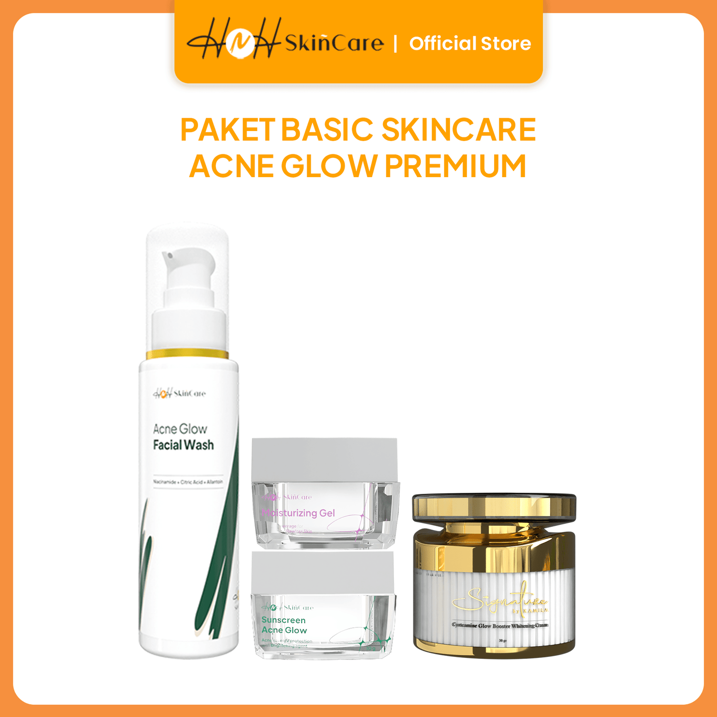 HNH Skincare - 4pcs Basic Acne Glow with Cysteamine - Paket Skincare untuk Kulit Berjerawat (Facial Wash + Moisturizer + Sunscreen + Night Cream) - hnhskincare