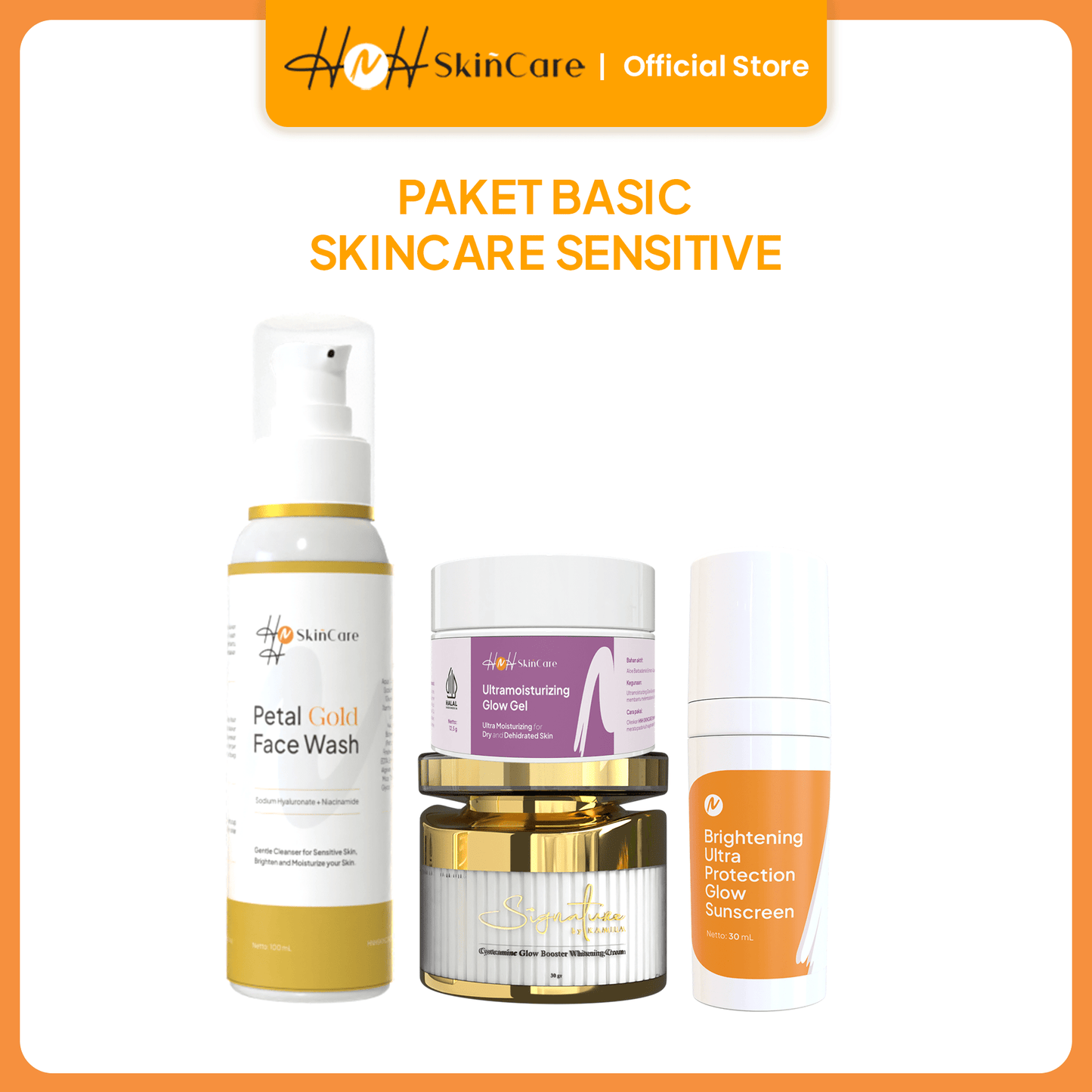 HNH Skincare - 4pcs Basic Sensitive Skincare with Cysteamine - Paket Skincare untuk Kulit Sensitif & Kusam (Facial Wash + Ultra Moist+ Sunscreen + Night Cream) - hnhskincare