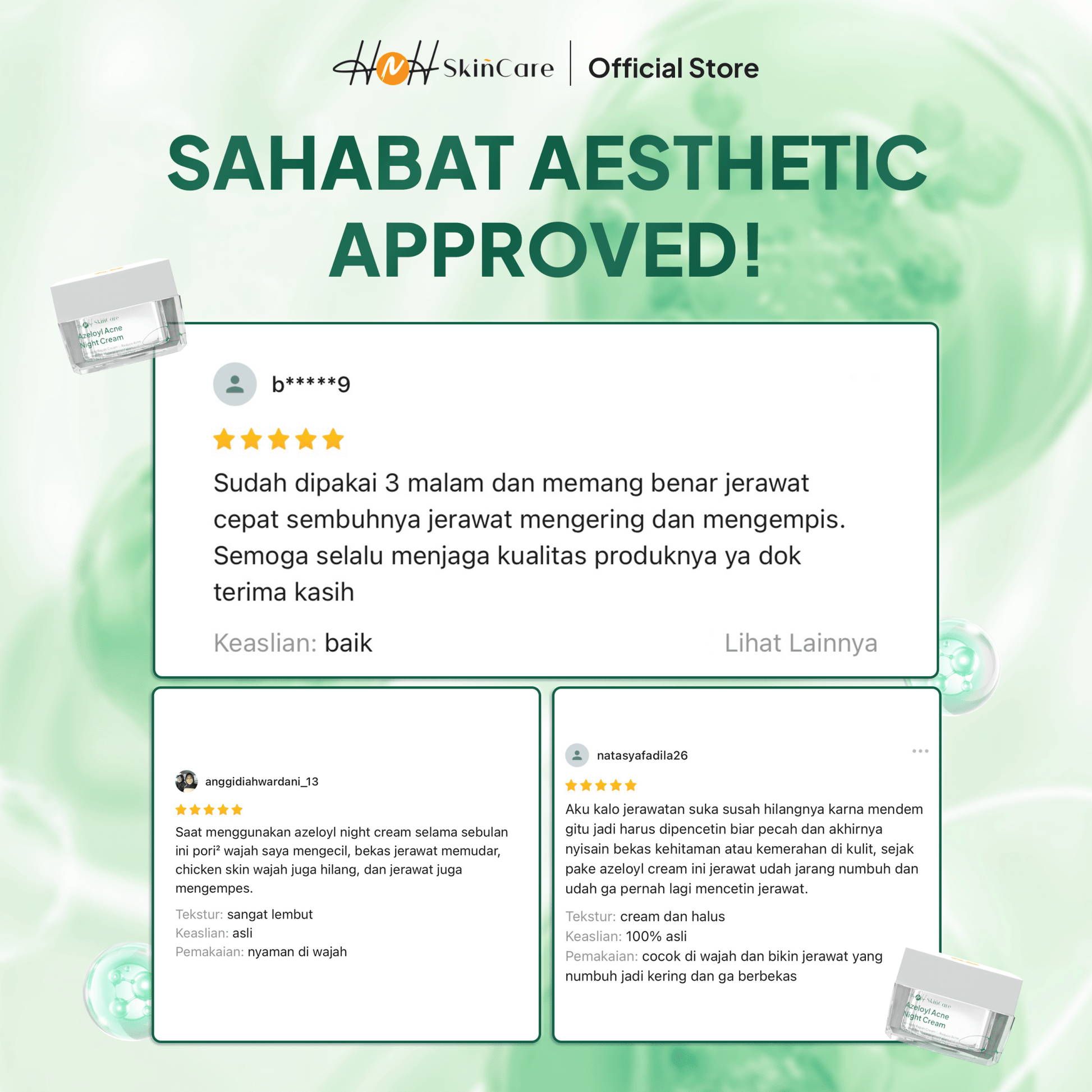 HNH Skincare - Azeloyl Night Cream - Krim Malam Jerawat dan Bekas Jerawat dengan Tekstur Ringan - hnhskincare