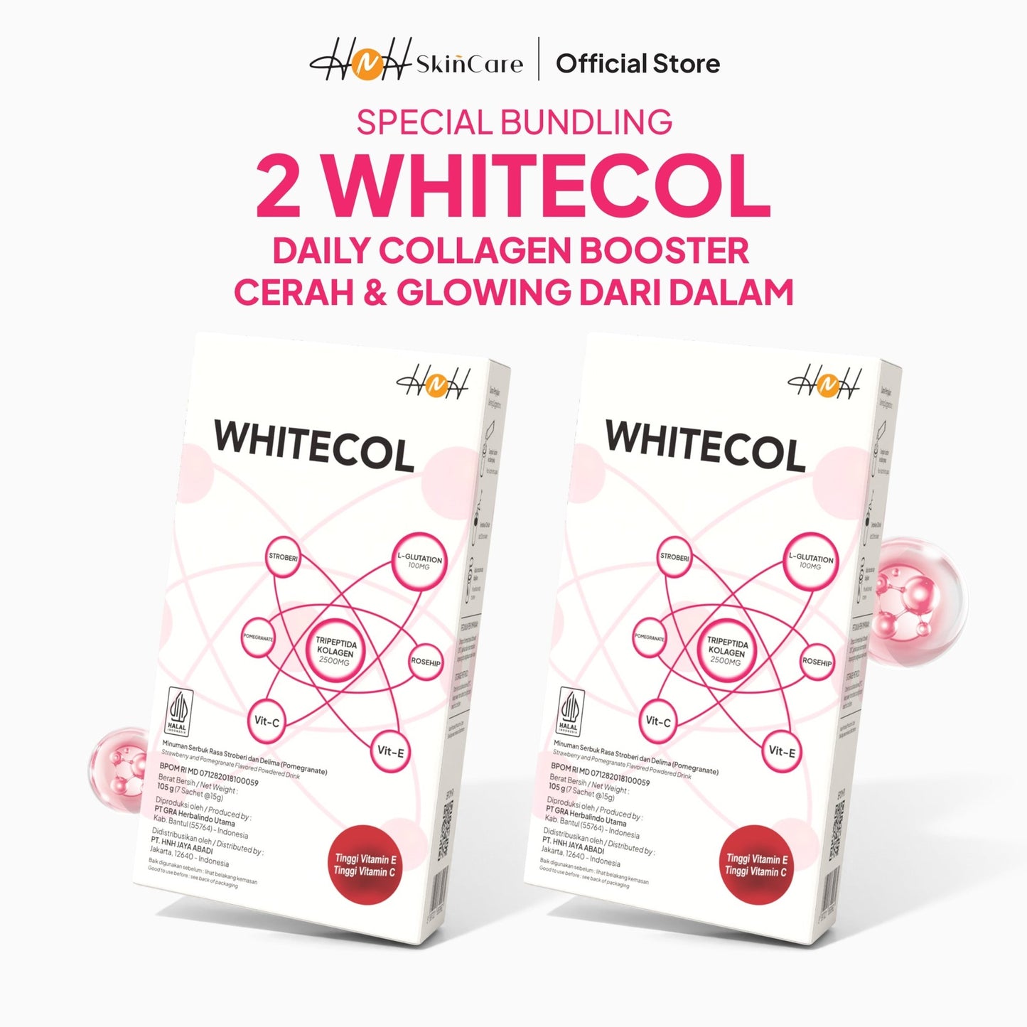 HNH Skincare - Bundling 2 Whitecol 2500mg Dengan Vitamin C dan Vitamin E / Serum Intensive Bright - Serum Mencerahkan untuk Flek Hitam dan Kulit Kusam Pencerah Memudarkan Kerutan Tetes - hnhskincare