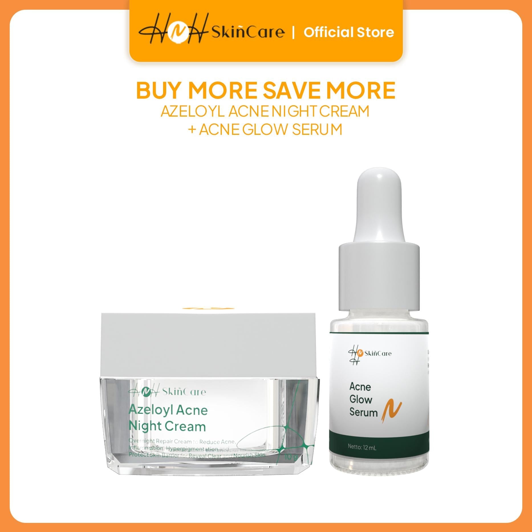 HNH Skincare - Bundling Azeloyl Night Cream - Krim Malam Jerawat dan Bekas Jerawat & Serum Acne Glow - hnhskincare