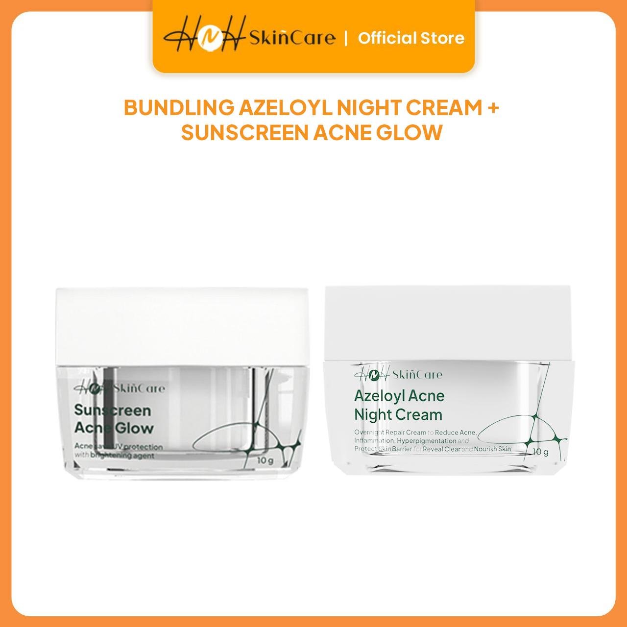HNH Skincare - Bundling Azeloyl Night Cream - Krim Malam Ringan dengan Kandungan Azeloyl untuk Kulit Berjerawat & Sunscreen Acne Glow SPF 30 PA+++ - hnhskincare