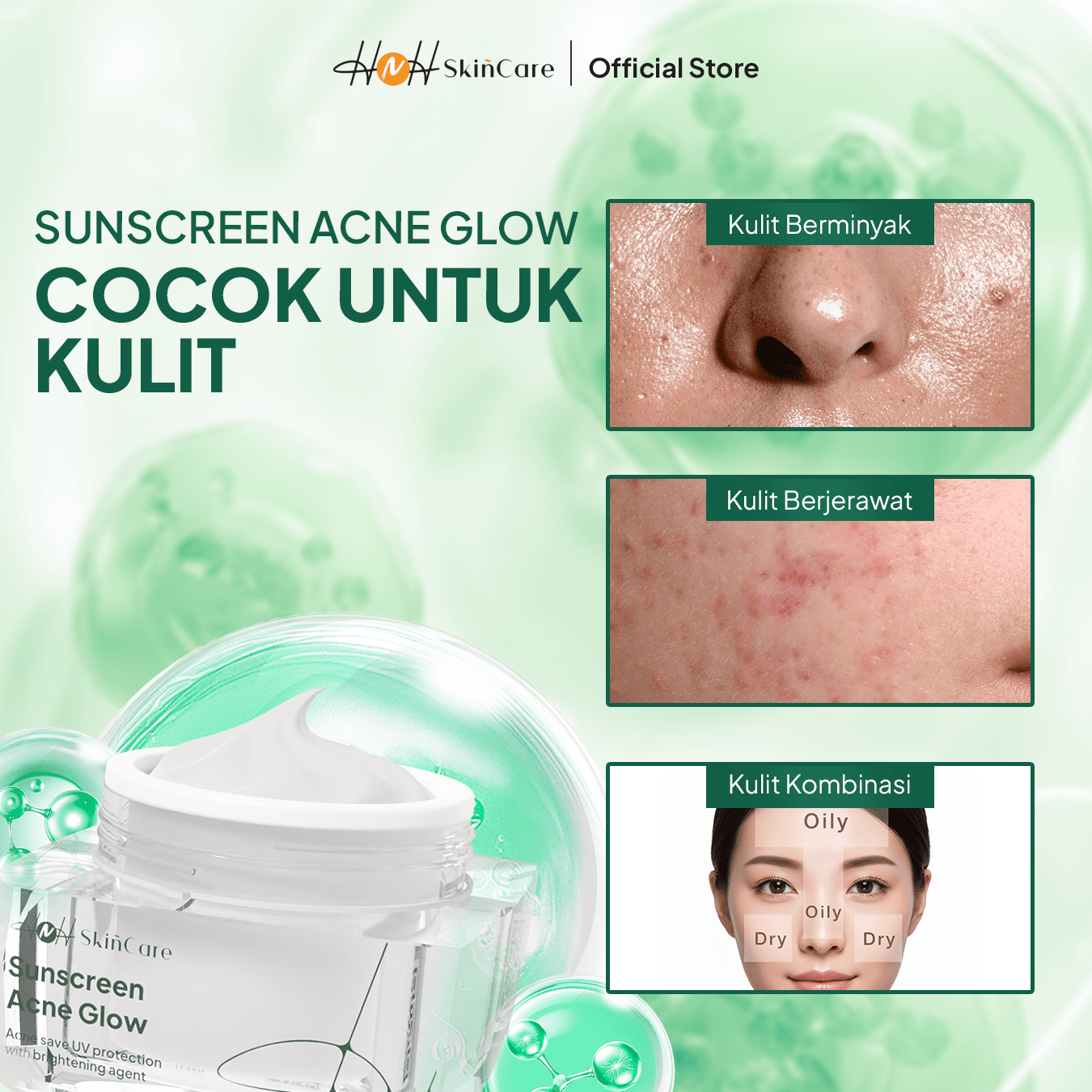 HNH Skincare - Sunscreen Acne Glow - Sunscreen Wajah SPF 30 PA+++ untuk Kulit Berminyak, Berjerawat - hnhskincare